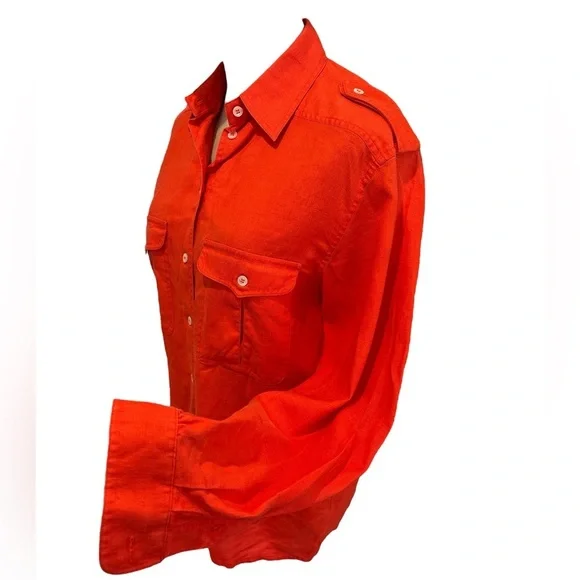 70s LIZ CLAIBORNE LINEN ORANGE SAFARI BLOUSE CASUAL LAGENLOOK WESTERN VIBE SZ S - Picture 3 of 7